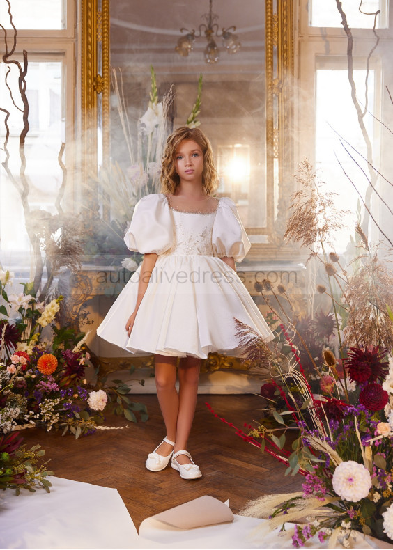 Puff Sleeves Ivory Beaded Satin Short Flower Girl Dress Puff Sleeves Ivory Beaded Satin Short Flower Girl Dress